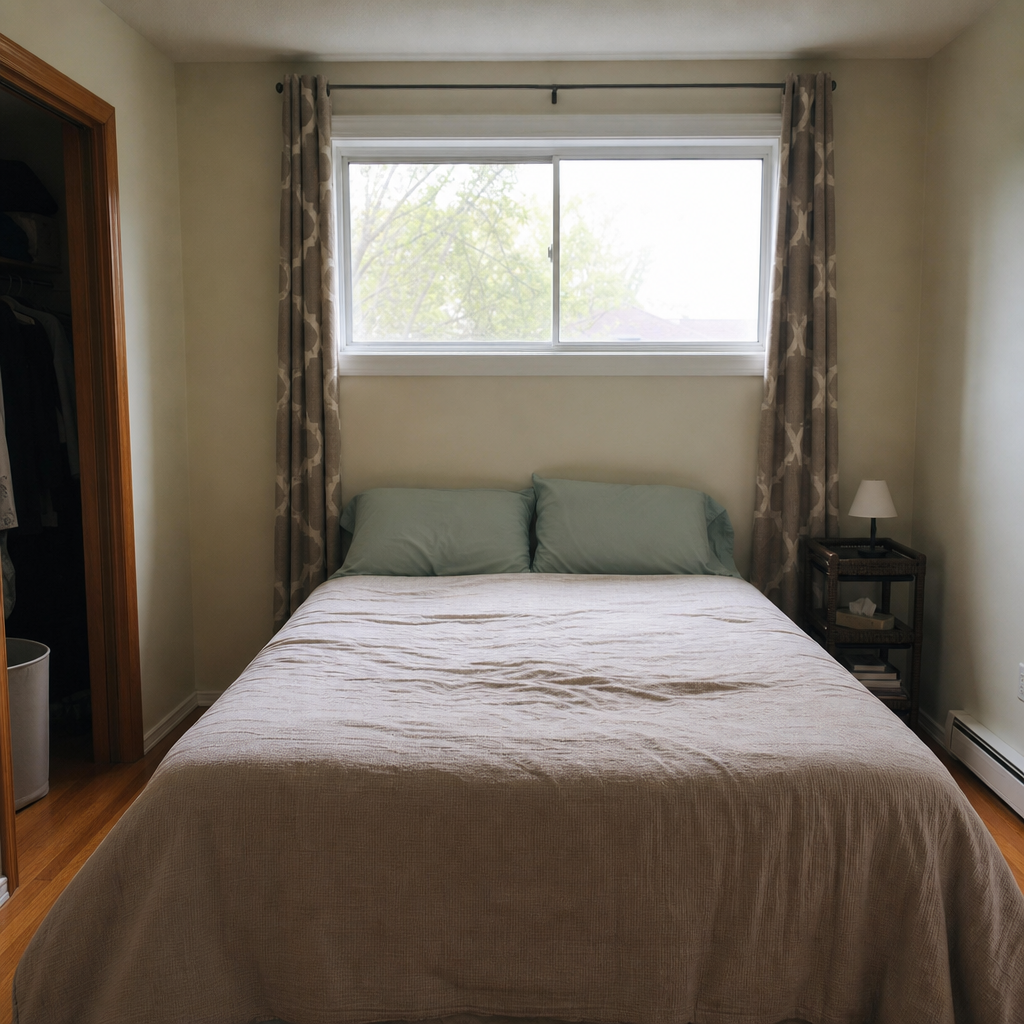 Queen bed placed under a high bedroom window with the vent area kept clear.