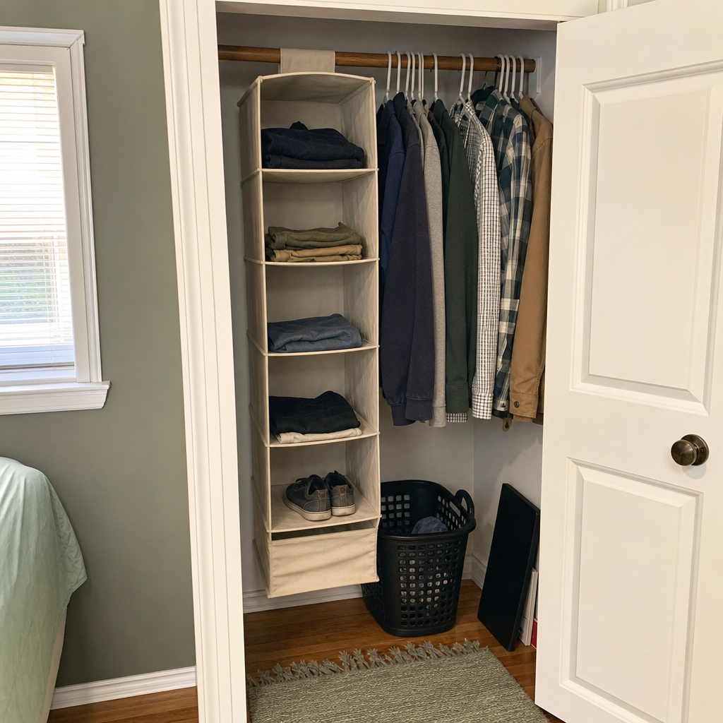 A fabric hanging shelf organizer holds folded clothes beside hanging garments.