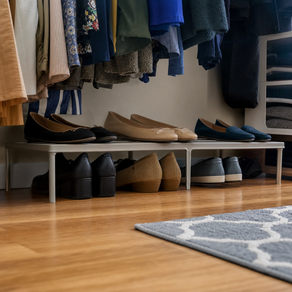 A shoe riser creates two levels of shoe storage on a closet floor.