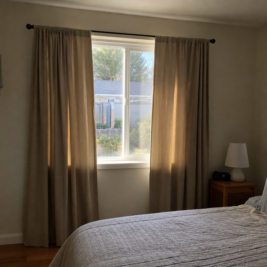 Full beige curtains make a small bedroom window look softer and taller.