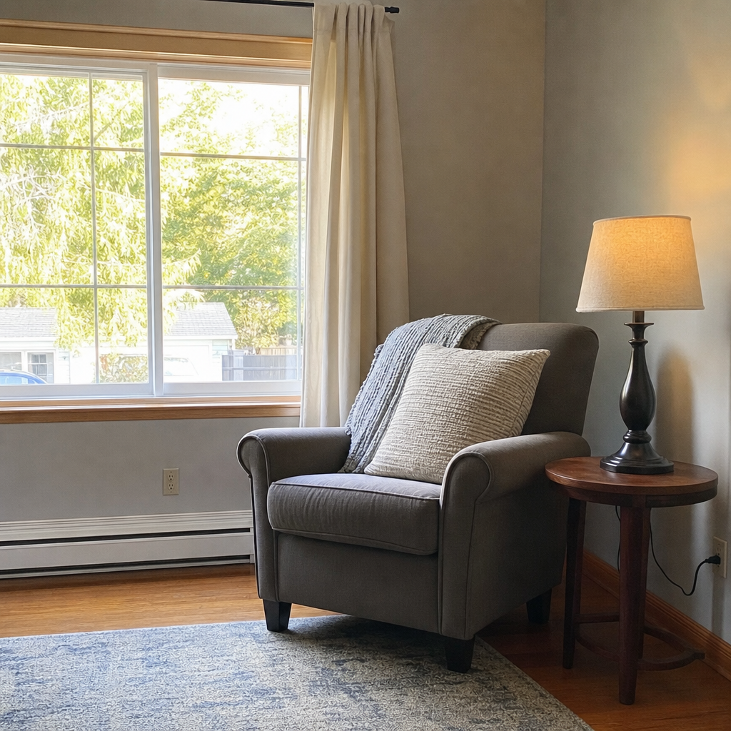 A table lamp beside an armchair near a living room window.