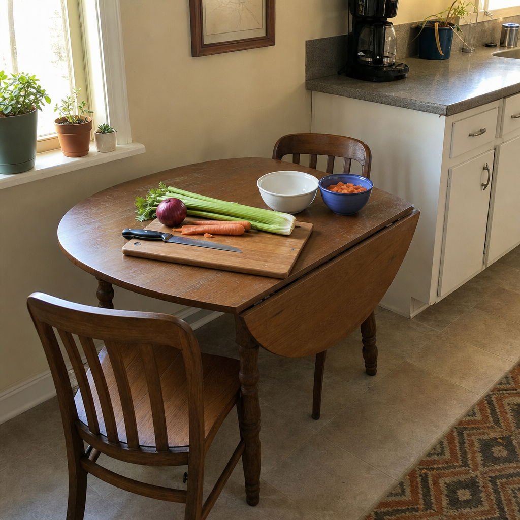 A small drop-leaf table serves as a flexible kitchen prep island.