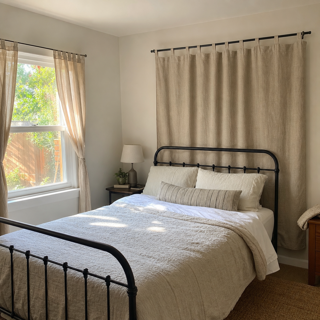 Oatmeal fabric panel hung behind a metal bed as a backdrop.