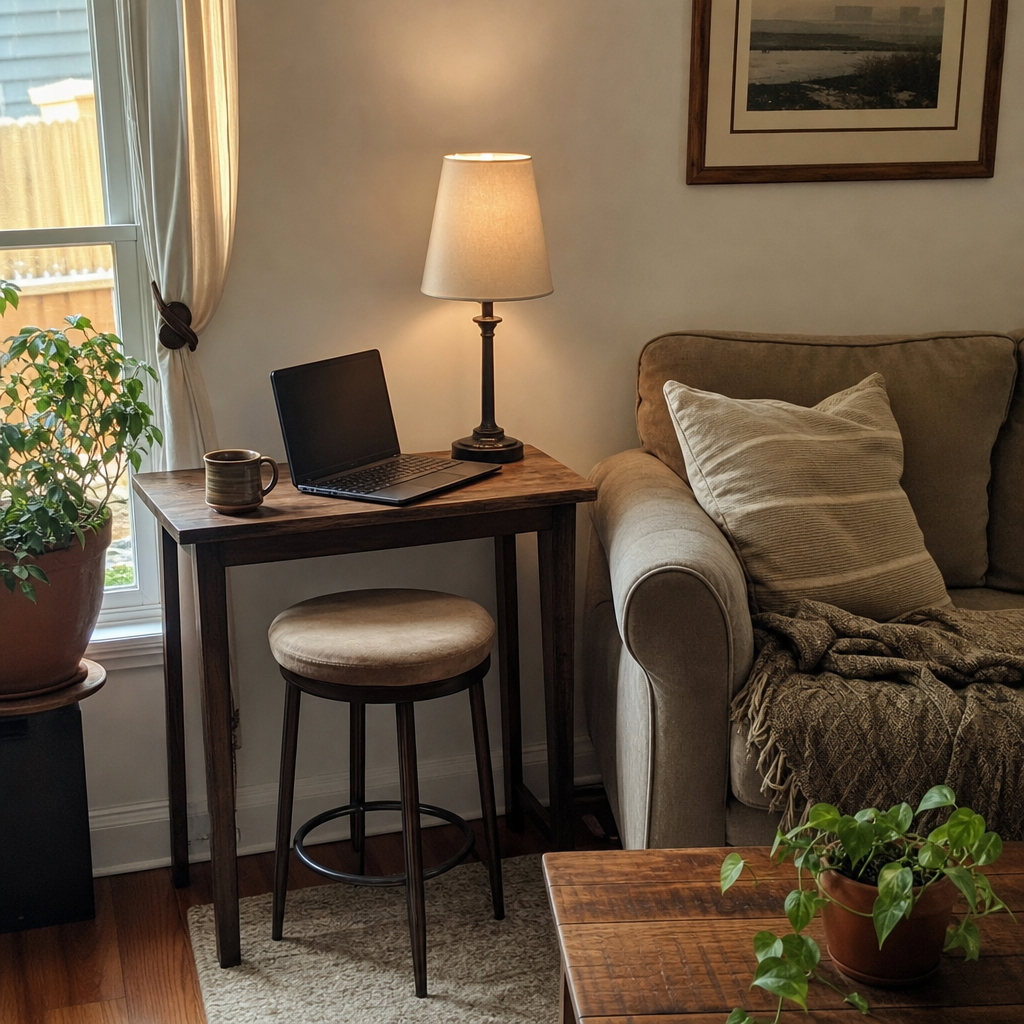 A narrow desk beside a sofa used as a small laptop work station.