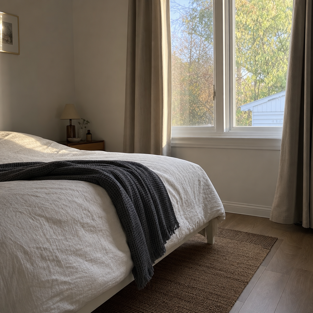Textured charcoal throw draped over the corner of a bed.