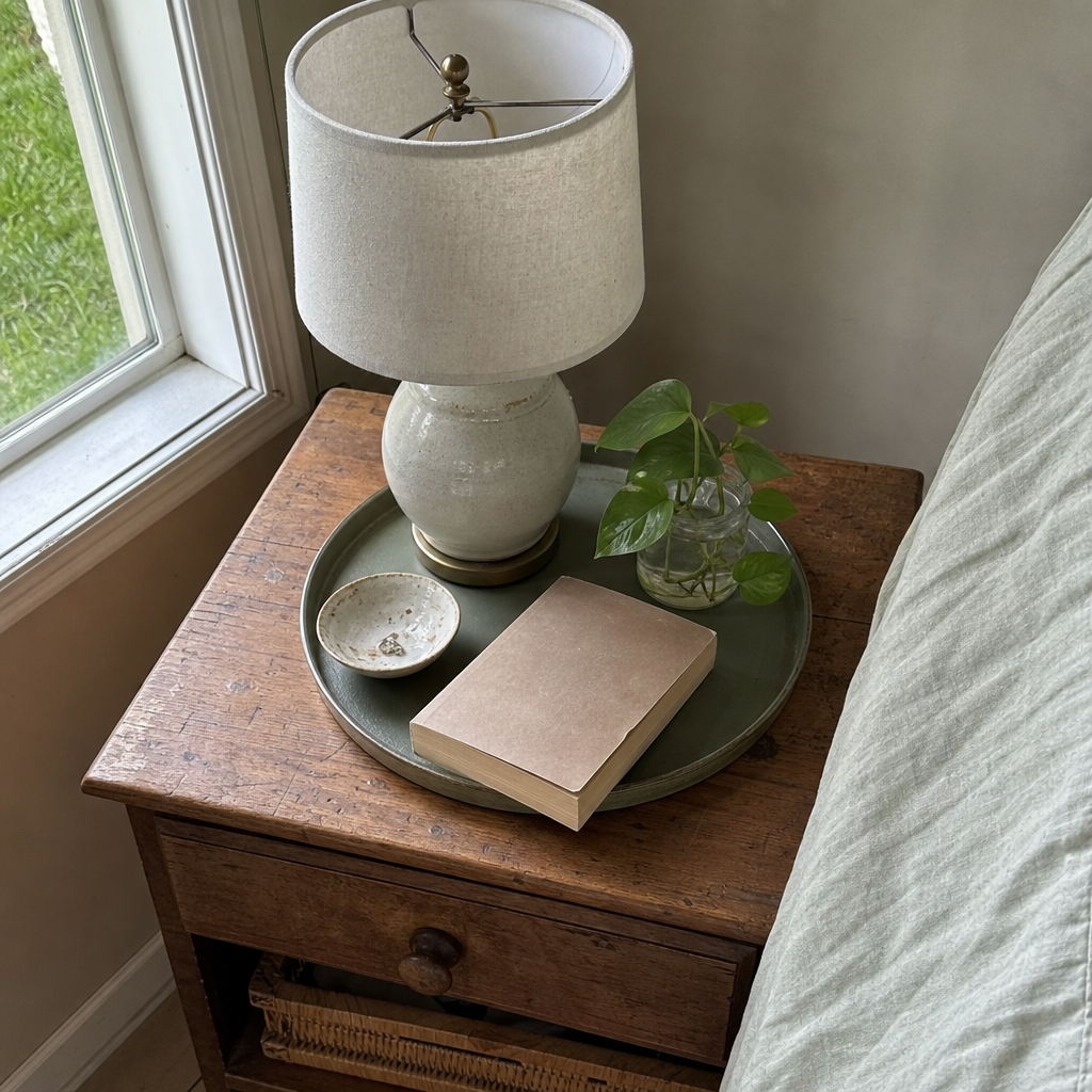 Everyday bedside items arranged neatly on a tray.