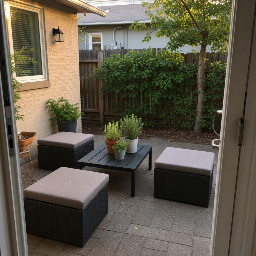Low outdoor ottomans arranged around a compact coffee table on a small patio.