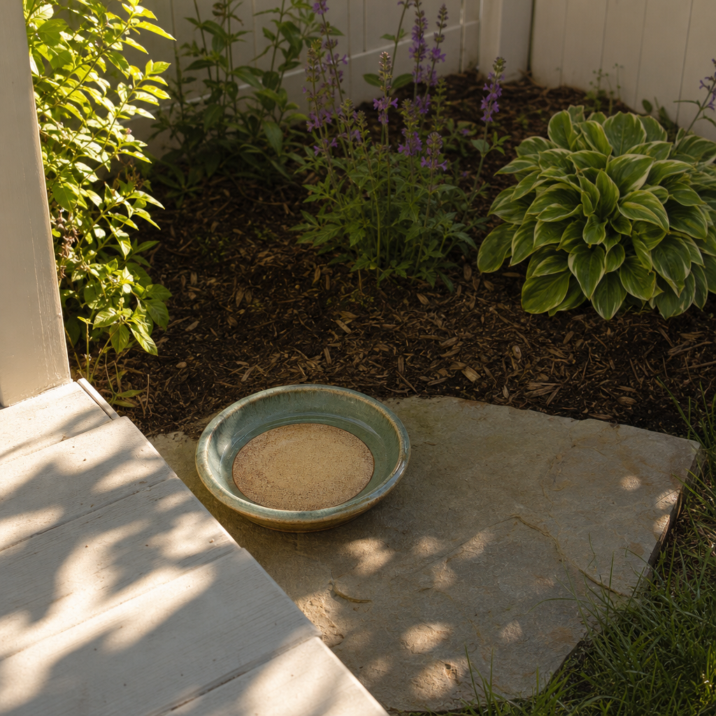 A shallow bird basin on flagstone beside a mulched planting bed.