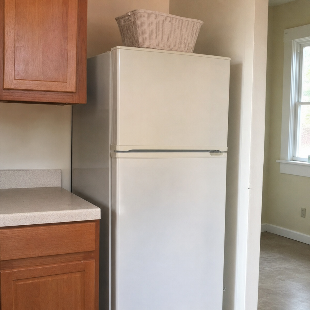A lightweight basket on top of a refrigerator stores infrequently used kitchen items.