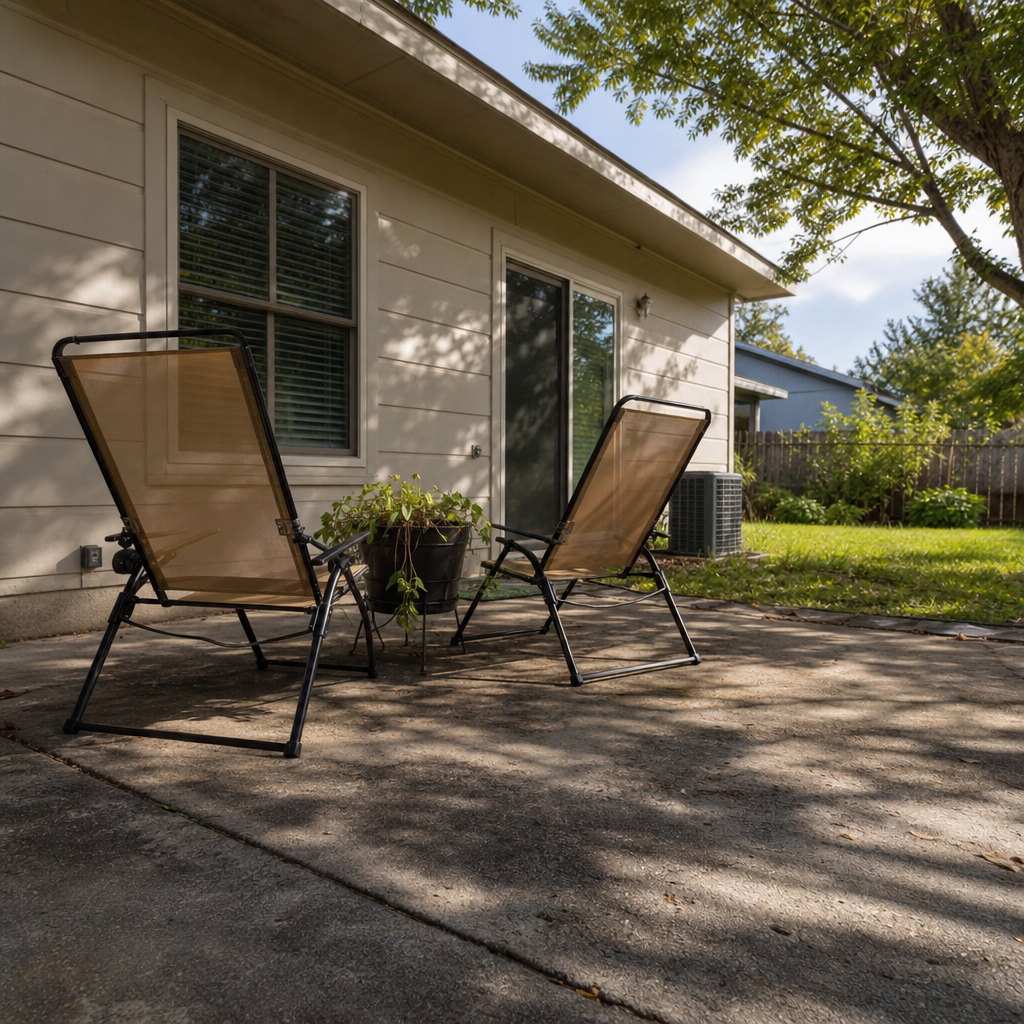 Two lightweight sling lounge chairs in a sunny corner of a small concrete patio.