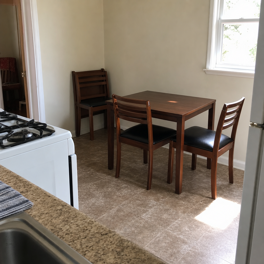 Small square dining table with extra stackable chairs stored against the wall.