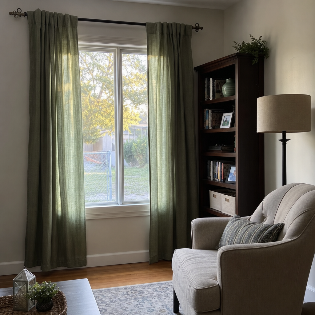 Sage curtains beside a dark wood bookcase in a living room.