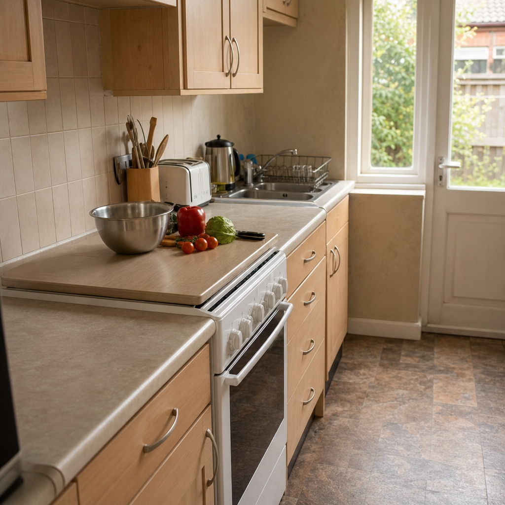 A removable board turns a cool stovetop into temporary prep space.