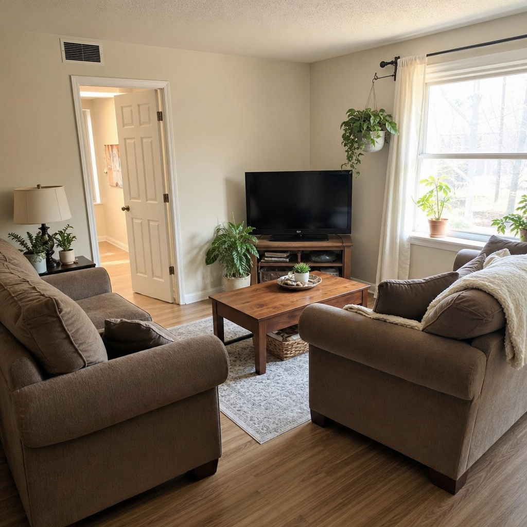 Two small loveseats angled toward a corner TV with open space by the door.