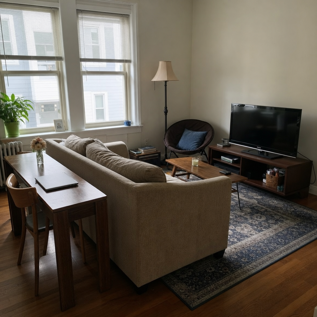 A shallow desk and tucked-in chair positioned behind a sofa in a small living room.