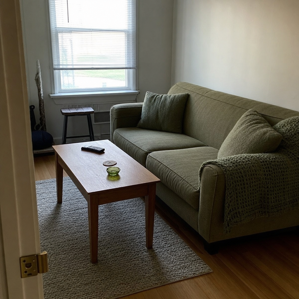 An older olive green sofa with coordinating green cushions and a throw in a modest living room.