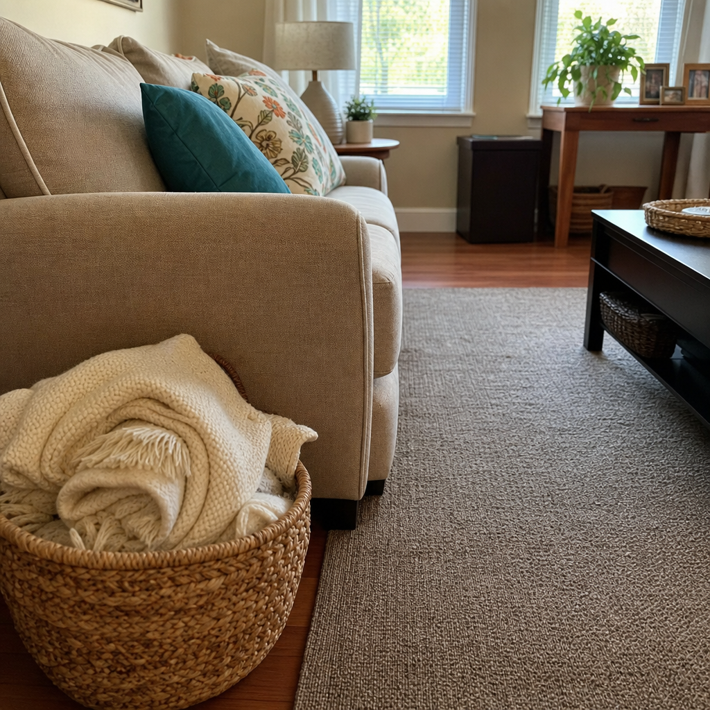A woven basket holds cream throws beside a living room sofa.