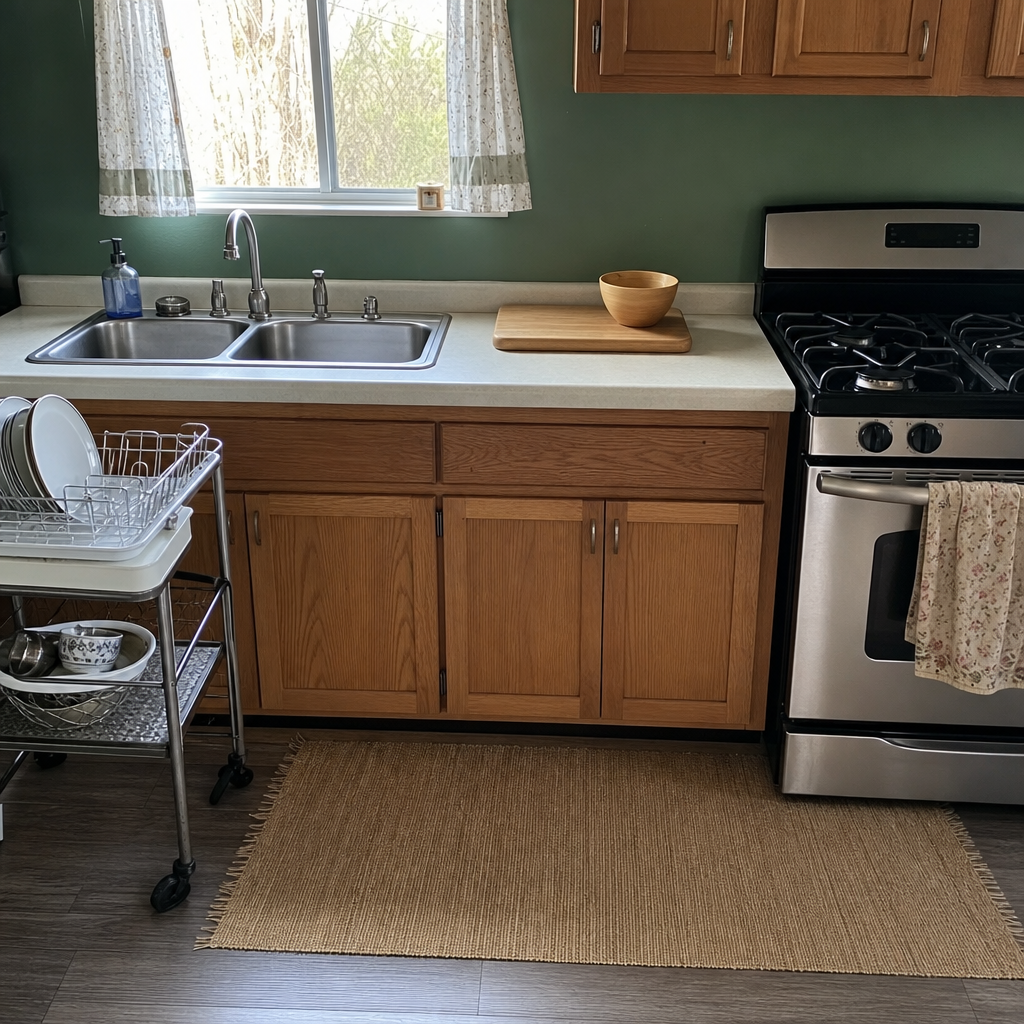 A dedicated clear counter section creates a reliable prep zone in a small kitchen.