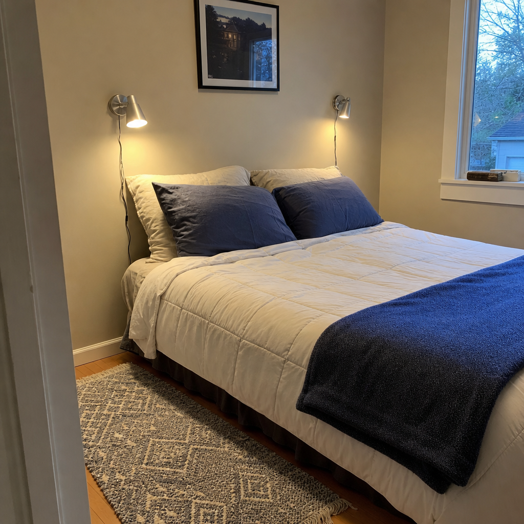 Small bedroom with a queen bed, wall-mounted reading lights, and clear bedside floor space.