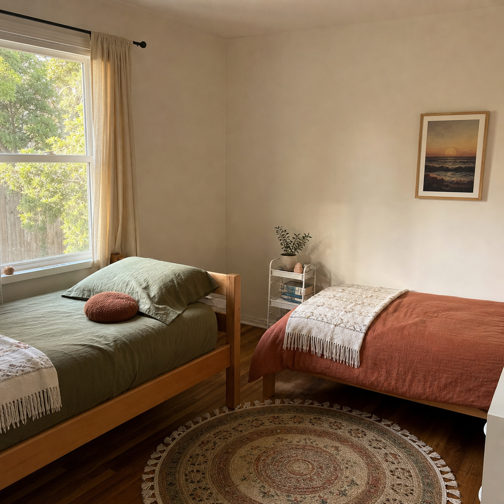 Two twin beds arranged at right angles in the corner of a small shared children's bedroom.