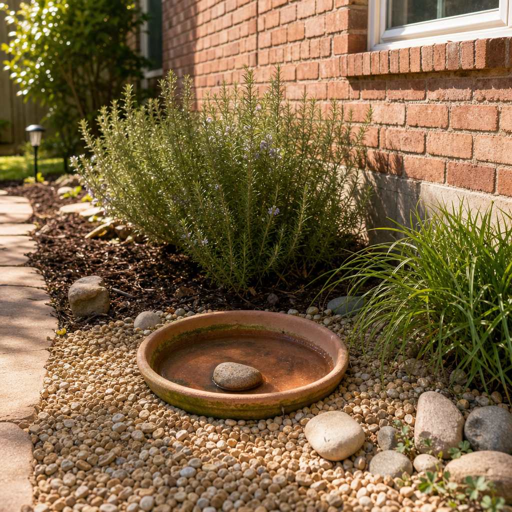 A shallow terracotta basin set into gravel beside small garden plants and rough stones.