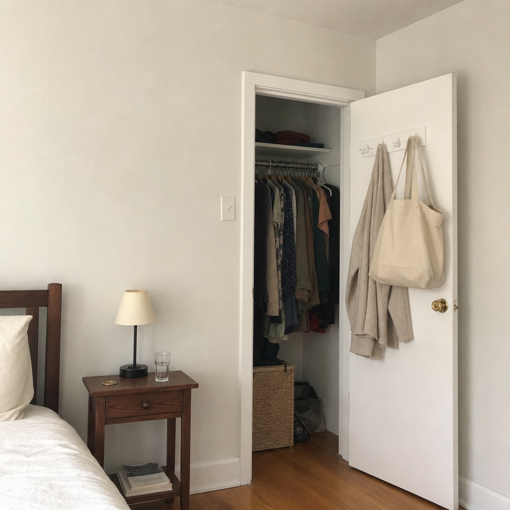 A removable hook rack on a closet door holds a cardigan and tote.
